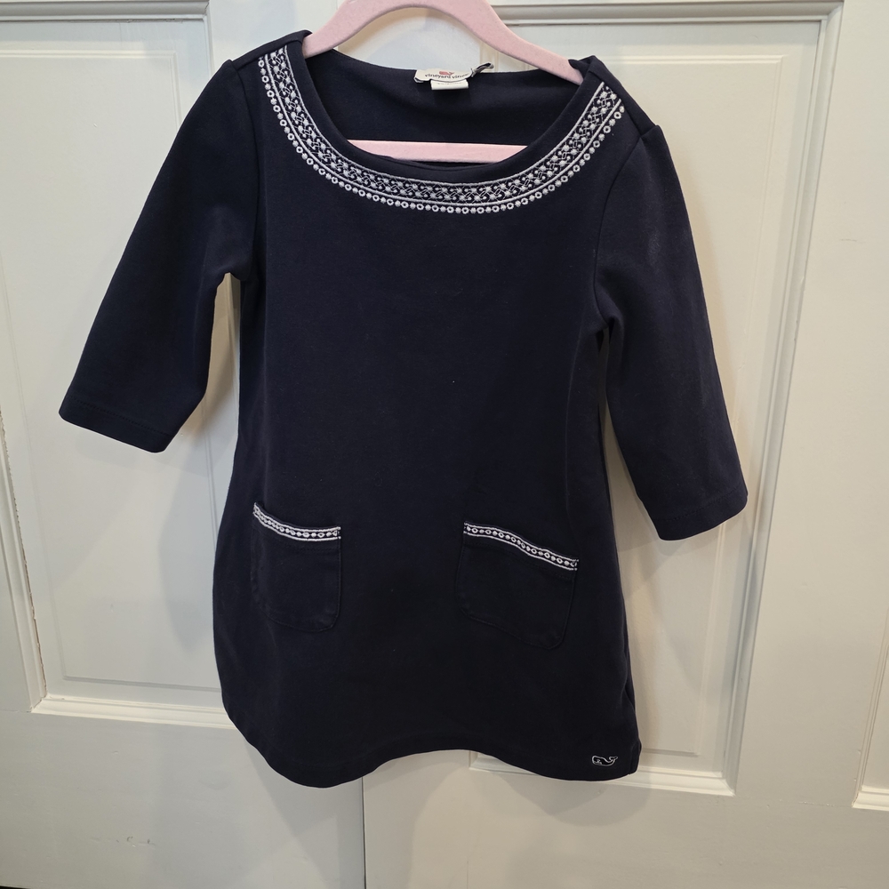 Vineyard Vines Navy Blue Kids Dress with Embroidered Details - Size XS